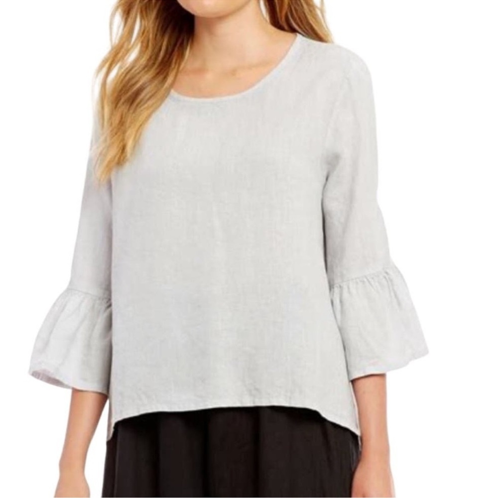Bryn Walker Fran Shirt Light Gray Tencel 3/4 Ruffle Sleeve Bell High Low Hem-S